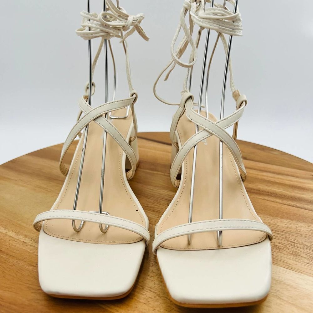 Public Desire Mabel Wide Fit Off White Ankle Tie Block Heeled Sandals Size UK 8W - Picture 7 of 13